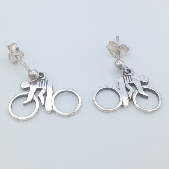 Vintage Sterling Silver Bicycle Bike Rider Dangle Post Earrings - SIGNED! - Picture 4 of 10